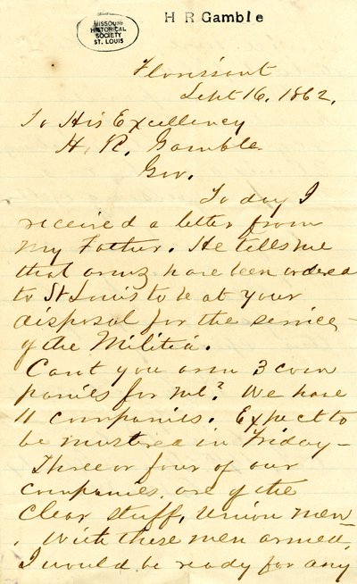 List podpisany Julian Bates, Florissant, do Jego Ekscelencji HR Gamble, 16 września 1862 autorstwa Julian Bates