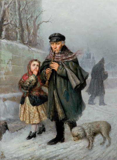Klarnecista - Scena z ulicy Petersburga (Żebrak-klarnecista z dziewczynką i psem). autorstwa Julian Bończa Tomaszewski