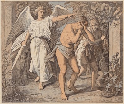 Adam i Ewa wypędzeni z raju, Księga Rodzaju, III, 23, 24 (kolorowa rycina) autorstwa Julius (after) Schnorr von Carolsfeld