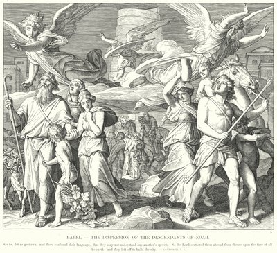 Babel, rozproszenie potomków Noego (rycina) autorstwa Julius (after) Schnorr von Carolsfeld