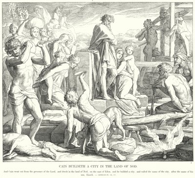 Kain buduje miasto w krainie Nod (rycina) autorstwa Julius (after) Schnorr von Carolsfeld
