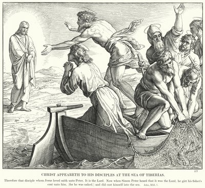 Chrystus ukazuje się swoim uczniom na Morzu Tyberiadzkim (rycina) autorstwa Julius (after) Schnorr von Carolsfeld