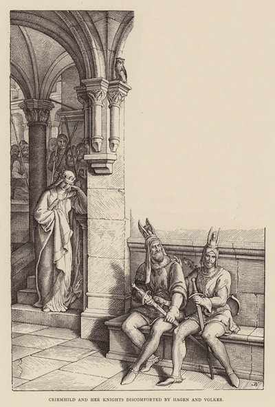 Criemhilda i jej rycerze dyskomfortowani przez Hagena i Volkera (rycina) autorstwa Julius (after) Schnorr von Carolsfeld