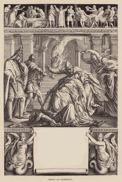 Pieśń Nibelungów: Śmierć Criemhildy (rycina) autorstwa Julius (after) Schnorr von Carolsfeld