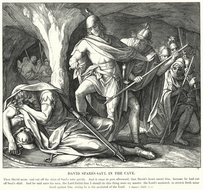 David oszczędza Saula w jaskini (rycina) autorstwa Julius (after) Schnorr von Carolsfeld