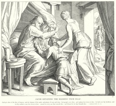 Jakub otrzymujący błogosławieństwo od Izaaka (rycina) autorstwa Julius (after) Schnorr von Carolsfeld
