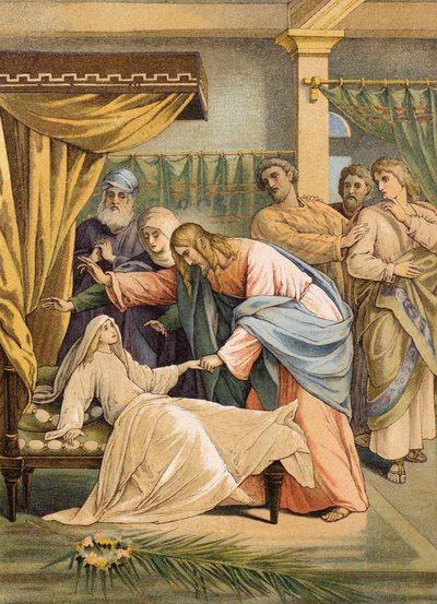 Jezus i córka Jaira (kolorowa litografia) autorstwa Julius (after) Schnorr von Carolsfeld