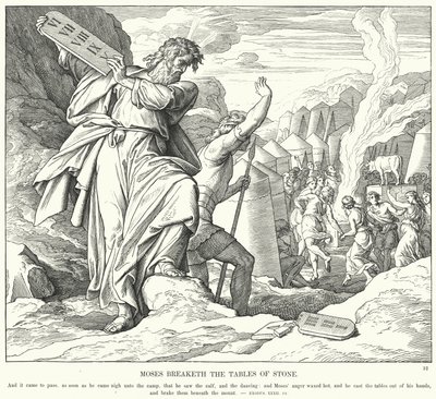 Mojżesz rozbija kamienne tablice (rycina) autorstwa Julius (after) Schnorr von Carolsfeld