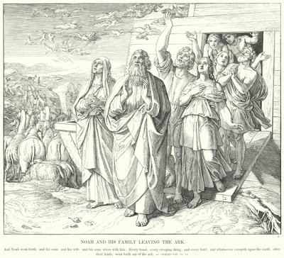 Noe i jego rodzina opuszczają arkę (rycina) autorstwa Julius (after) Schnorr von Carolsfeld