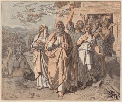 Noe i jego rodzina opuszczają arkę, Księga Rodzaju, VIII autorstwa Julius (after) Schnorr von Carolsfeld
