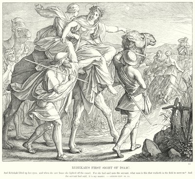 Pierwsze spojrzenie Rebeki na Izaaka (rycina) autorstwa Julius (after) Schnorr von Carolsfeld