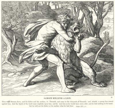 Samson zabija lwa (rycina) autorstwa Julius (after) Schnorr von Carolsfeld