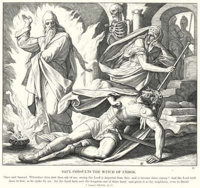 Saul konsultuje się z wiedźmą z Endor (rycina) autorstwa Julius (after) Schnorr von Carolsfeld