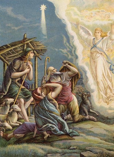Pasterze otrzymują dobrą nowinę (kolorowa litografia) autorstwa Julius (after) Schnorr von Carolsfeld