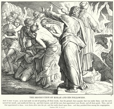 Zniszczenie Korego i jego naśladowców (rycina) autorstwa Julius (after) Schnorr von Carolsfeld