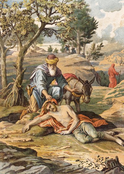 Dobry Samarytanin (kolorowa litografia) autorstwa Julius (after) Schnorr von Carolsfeld