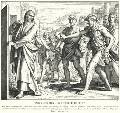 Dwóch niewidomych wraca do widzenia (rycina) autorstwa Julius (after) Schnorr von Carolsfeld