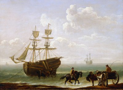 Cegła wyłowiona na brzegu, rozładowywana do wozów. Olej na płótnie, około 1790 roku, autor: Julius Caesar Ibbetson (1759-1817). autorstwa Julius Caesar Ibbetson
