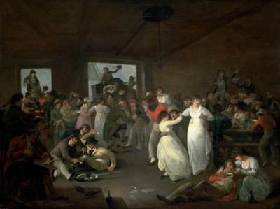 Bombardowanie marynarzy, scena w tawernie w Portsmouth (Anglia). Olej na drewnie autorstwa Julius Caesar Ibbetson