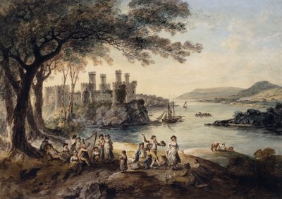 Zamek Conway, z Johnem Smithem „Ślepy Harfiarz” na pierwszym planie, 1796 autorstwa Julius Caesar Ibbetson