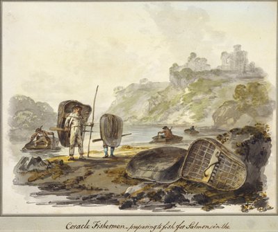 Rybacy w korakach - przygotowania do połowu łososia (akwarela na papierze) autorstwa Julius Caesar Ibbetson