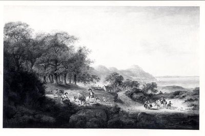 Daleki widok Anglesea (olej na płótnie) (druk czarno-biały) autorstwa Julius Caesar Ibbetson