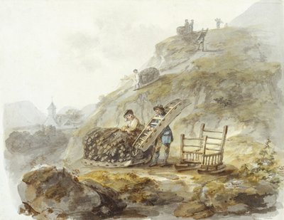 Metoda pozyskiwania torfu ze wzgórz w pobliżu Mallwyd, ok. 1792 (akwarela, tusz i ołówek na papierze) autorstwa Julius Caesar Ibbetson