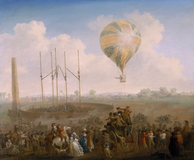 „Wzlot balonu Lunardiego z pól św. Jerzego”, ok. 1790 r. autorstwa Julius Caesar Ibbetson