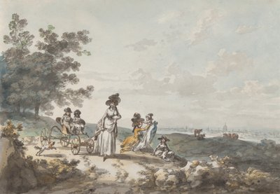 Widok Londynu z bazyliką św. Pawła w oddali: kobieta i dzieci z wózkiem dziecięcym, 1787 r. autorstwa Julius Caesar Ibbetson