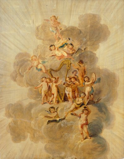 Skrzydlate aniołki z instrumentami muzycznymi, sekcja dekoracyjnego obramowania Music Room, Kenwood House, Londyn (tapeta) autorstwa Julius Caesar Ibbetson