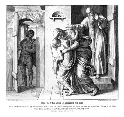 Elizeusz wskrzesza syna Szunamitki, 2 Królów autorstwa Julius Schnorr von Carolsfeld