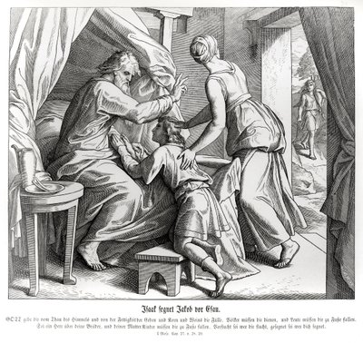 Izaak błogosławi Jakuba w miejsce Ezawa, Księga Rodzaju autorstwa Julius Schnorr von Carolsfeld