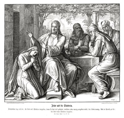 Jezus i grzeszna niewiasta, Ewangelia Łukasza autorstwa Julius Schnorr von Carolsfeld