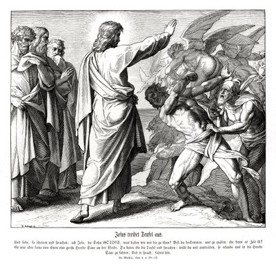 Jezus wypędza demony, Ewangelia Mateusza autorstwa Julius Schnorr von Carolsfeld