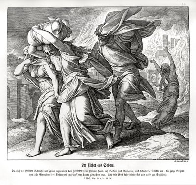 Lot i jego rodzina uciekają z Sodomy, Genesis autorstwa Julius Schnorr von Carolsfeld