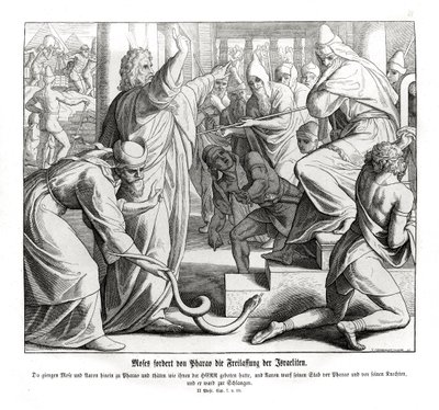 Mojżesz domaga się wyzwolenia Izraelitów, Księga Wyjścia autorstwa Julius Schnorr von Carolsfeld