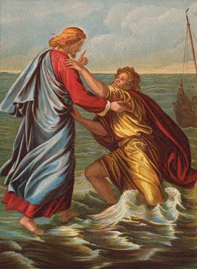 Piotr idący po morzu (kolorowa litografia) autorstwa Julius Schnorr von Carolsfeld