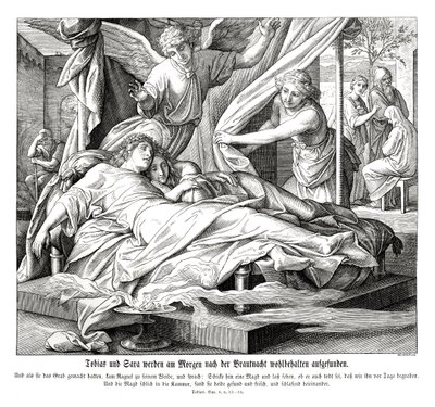 Tobiasz i Sarah są bezpieczni, Księga Tobita autorstwa Julius Schnorr von Carolsfeld
