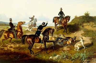 Fryderyk II ze swoim polowaniem (olej na płótnie) autorstwa Julius Zimmerman