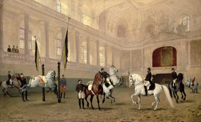 Poranne ćwiczenia w Hofreitschule, Josephsplatz, 1890 autorstwa Julius von Blaas  