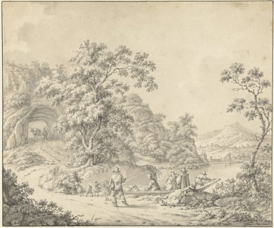 Krajobraz z łodzią, w której pasterz ze swoją trzodą autorstwa Jurriaan Andriessen (attributed to)