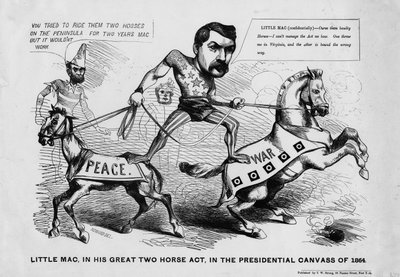Little Mac, w swoim wielkim akcie dwóch koni, na prezydenckim płótnie z 1864 r., opublikowanym przez T.W Strong, Nowy Jork, ok. 1864 r. autorstwa Justin Howard