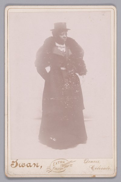 Karta gabinetowa niezidentyfikowanej kobiety w cylindrze i futrzanej stule, ca. 1895. autorstwa Justus C. Swan