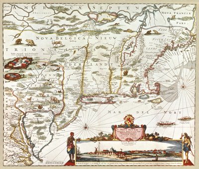 Mapa Novi Belgii obejmująca Nowy Jork, New Jersey i Pensylwanię autorstwa Justus Danckertsz