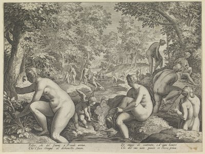Kąpiące się kobiety i mężczyźni Amore Leteo Różne aspekty miłości (tytuł serii) autorstwa Justus Sadeler (attributed to)