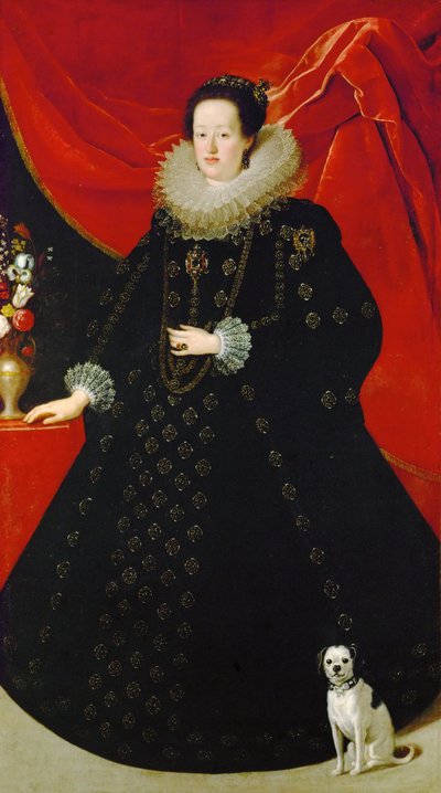 Eleonore de Gonzague (ou de Mantoue) - Portret Eleonory Gonzagi (1598-1655), w czarnej sukni, autorstwa Sustermansa, Justusa (Giusto) (1597-1681). Olej na płótnie, ok. 1624. Wymiar: 207x108 cm. Muzeum Historii Sztuki, Wiedeń autorstwa Justus Sustermans