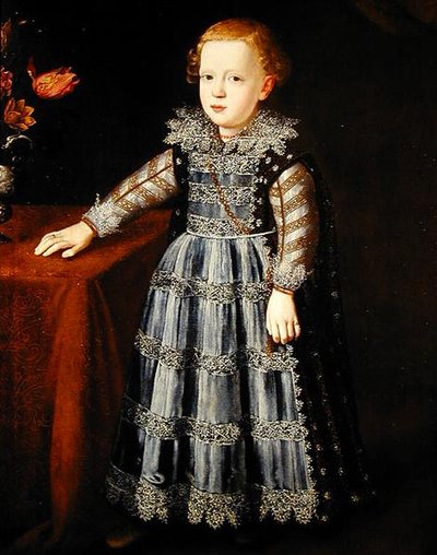 Portret dziecka stojącego przy stole (olej na panelu) autorstwa Justus Sustermans