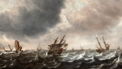 Żegluga na wzburzonych morzach z wielorybem na pierwszym planie autorstwa Justus de Verwer