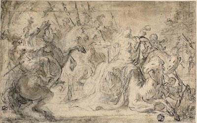 Zenobia w otoczeniu konnych żołnierzy autorstwa Justus van Egmont