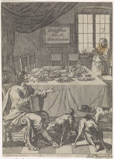 Zoilus siedzi przy nakrytym stole De Gustibus non est disputandum (tytuł na przedmiocie) autorstwa Justus van den Nijpoort